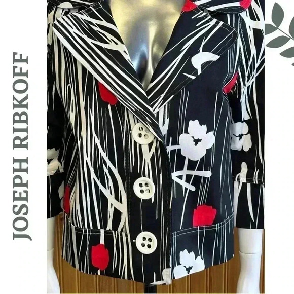 Joseph Ribkoff Lined Floral Abstract Print Button Front Black White Red Size 12 - Picture 6 of 8